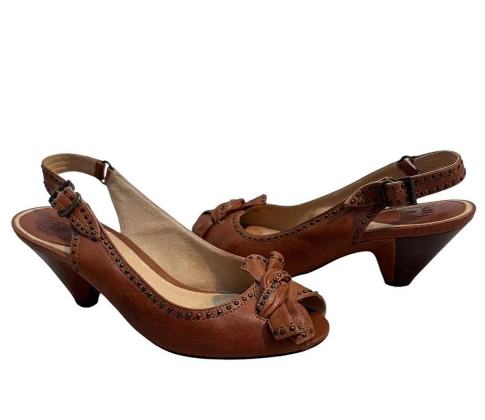 FRYE Maya Brown Studded Leather Bow Slingback Heels Shoes Sz 9.5M